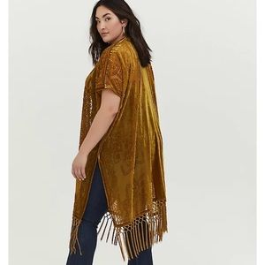 Torrid mustard floral burnout velvet fringe kimono